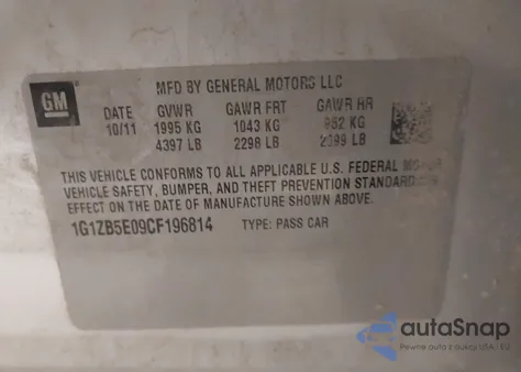 2012 Chevrolet Malibu Ls z USA, uszkodzony, nr VIN 1G1ZB5E09CF196814